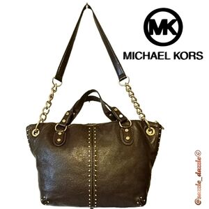 Michael Kors Uptown Leather Dark Brown Studded Logo Charm XLarge Bag